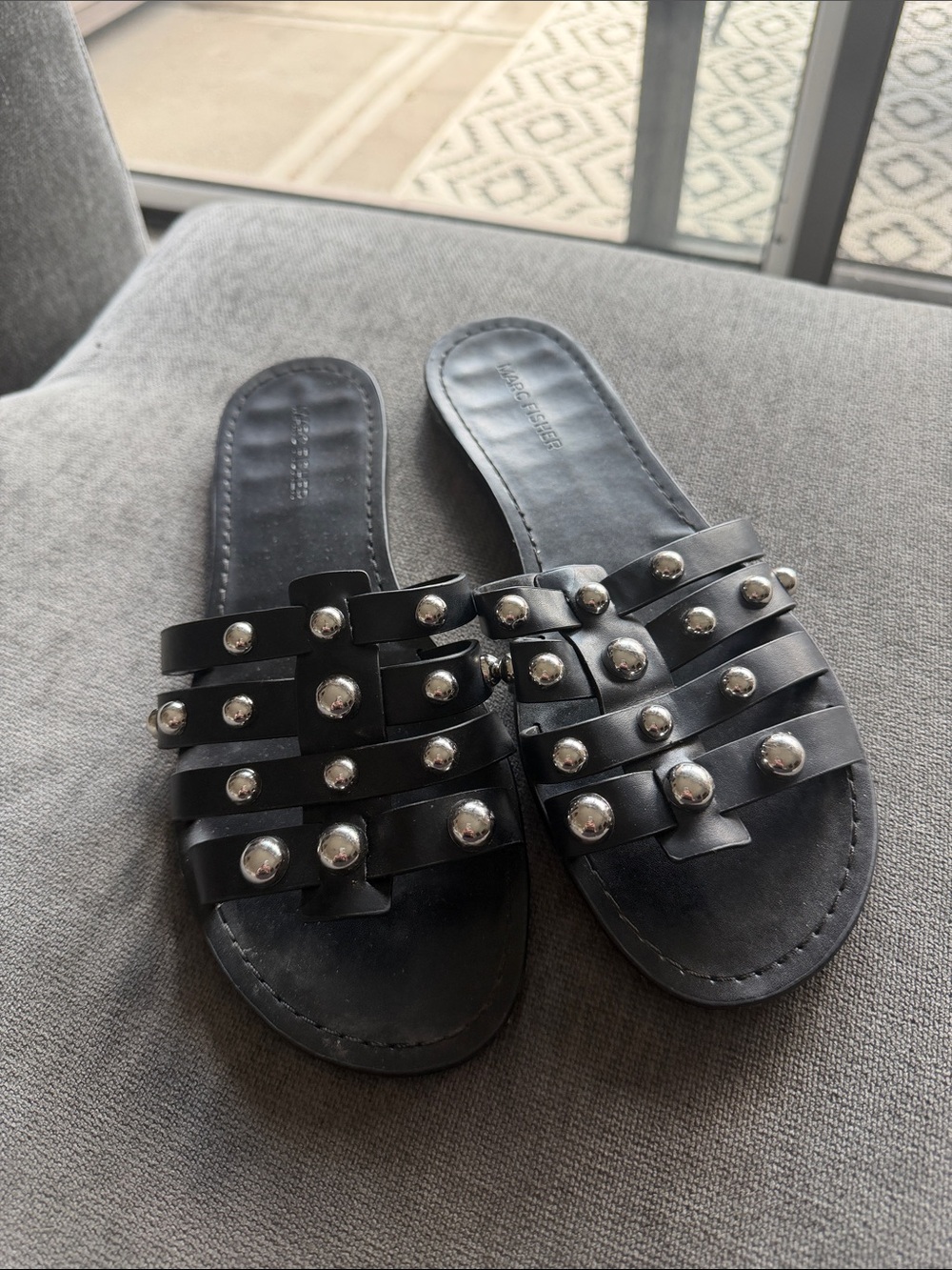 Marc Fisher Black Studded Leather Slide Sandals